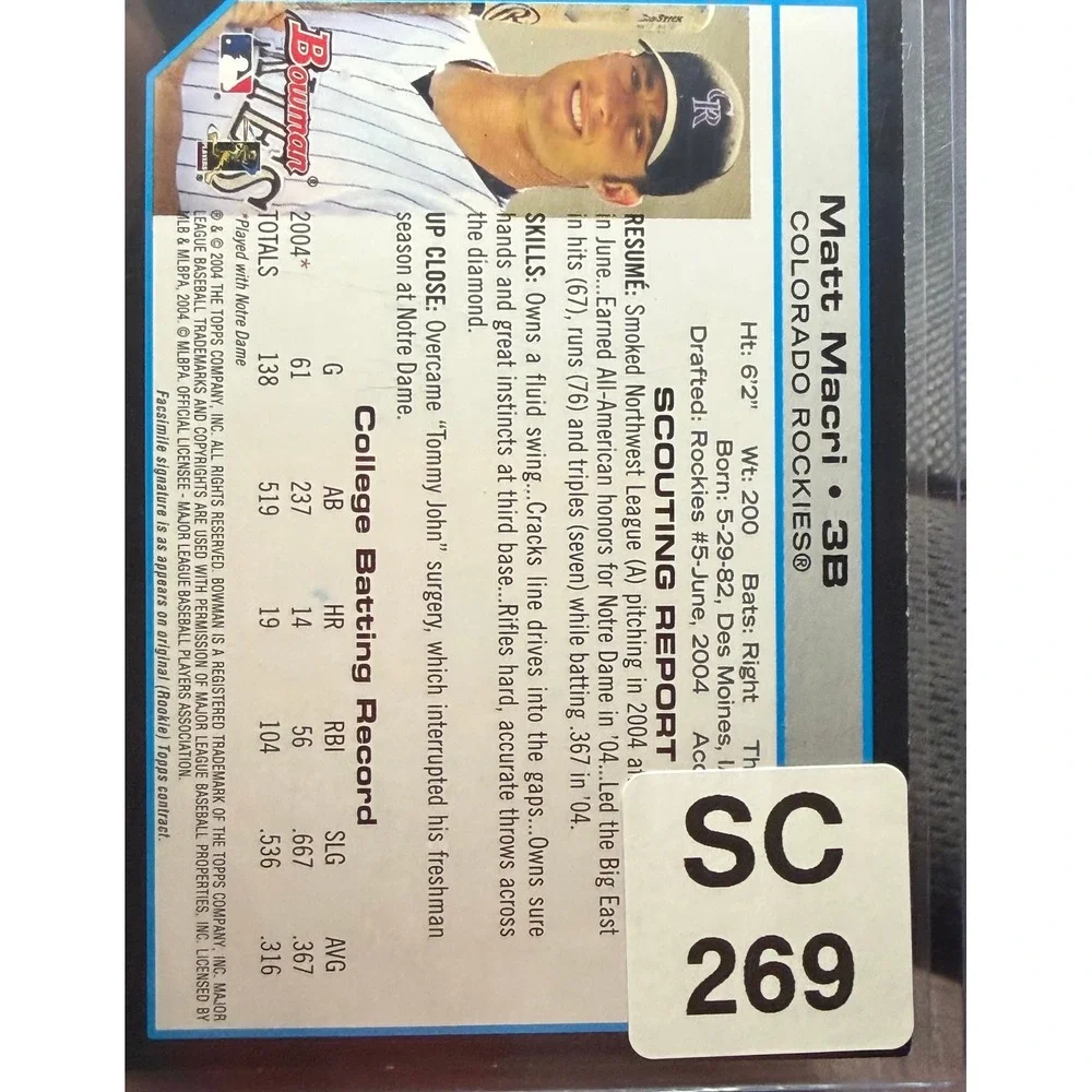 2004 Bowman Draft Picks Matt Macri Signed Rookie Card BDP58 Colorado Rockies RC